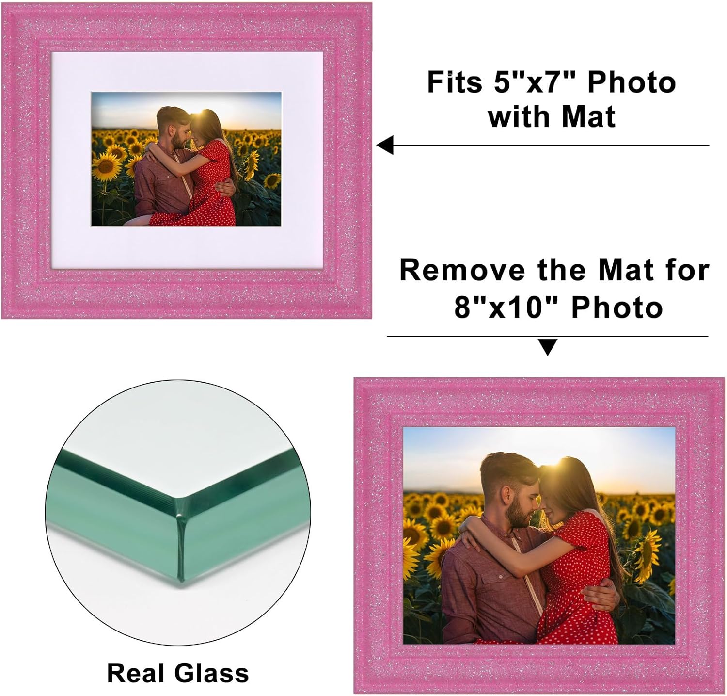 8x10 Glitter Picture Frame with Mat for 5x7, HD Real Glass Pastel Sparkle Photo Frames, Colorful Cute Fun or Unique 8 by 10 Artwork Frame for Tabletop or Wall Display Pink 2 Pack Pink-2 8x10 or 5x7 with mat