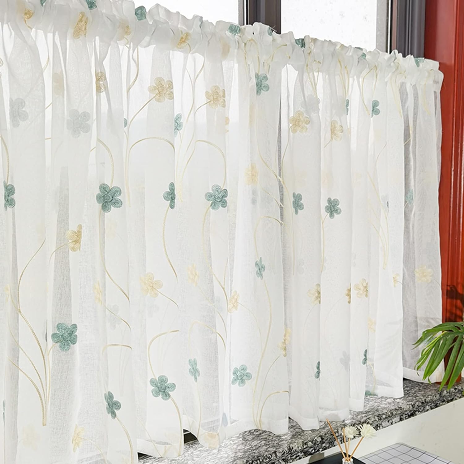 Kitchen Curtains Floral Embroidered Sheer Tier Curtains, Short Voile Cafe Curtains Rustic Style Flower Curtain Valance for Small Window/Cupboard Decor (Size : W300xH130cm/118x51in)