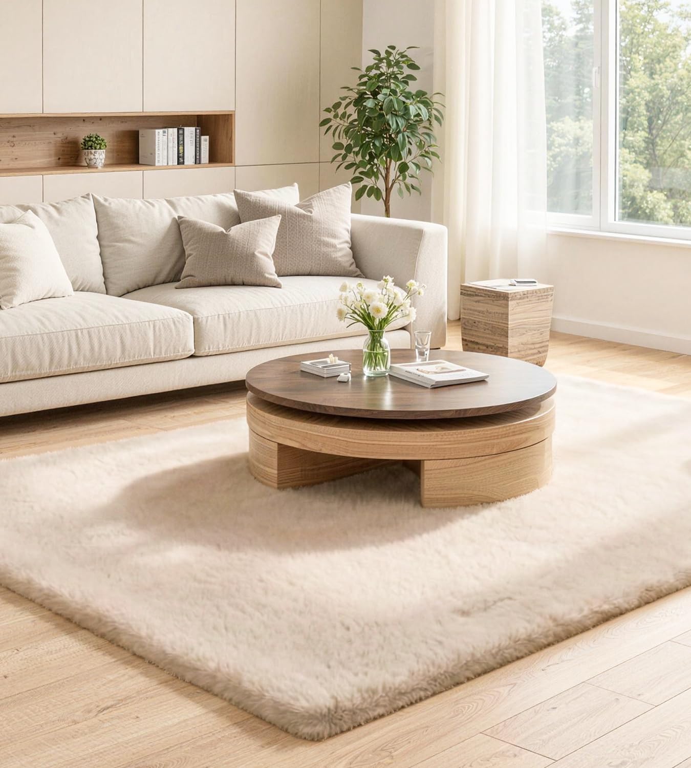 ROHATIM Teppich 120x180 cm Beige, Flauschiger Kunstfell Teppich in Kaninchenfell-Optik, Ultraweich & rutschfest, Waschbares Deko-Fell für Wohnzimmer und Schlafzimmer