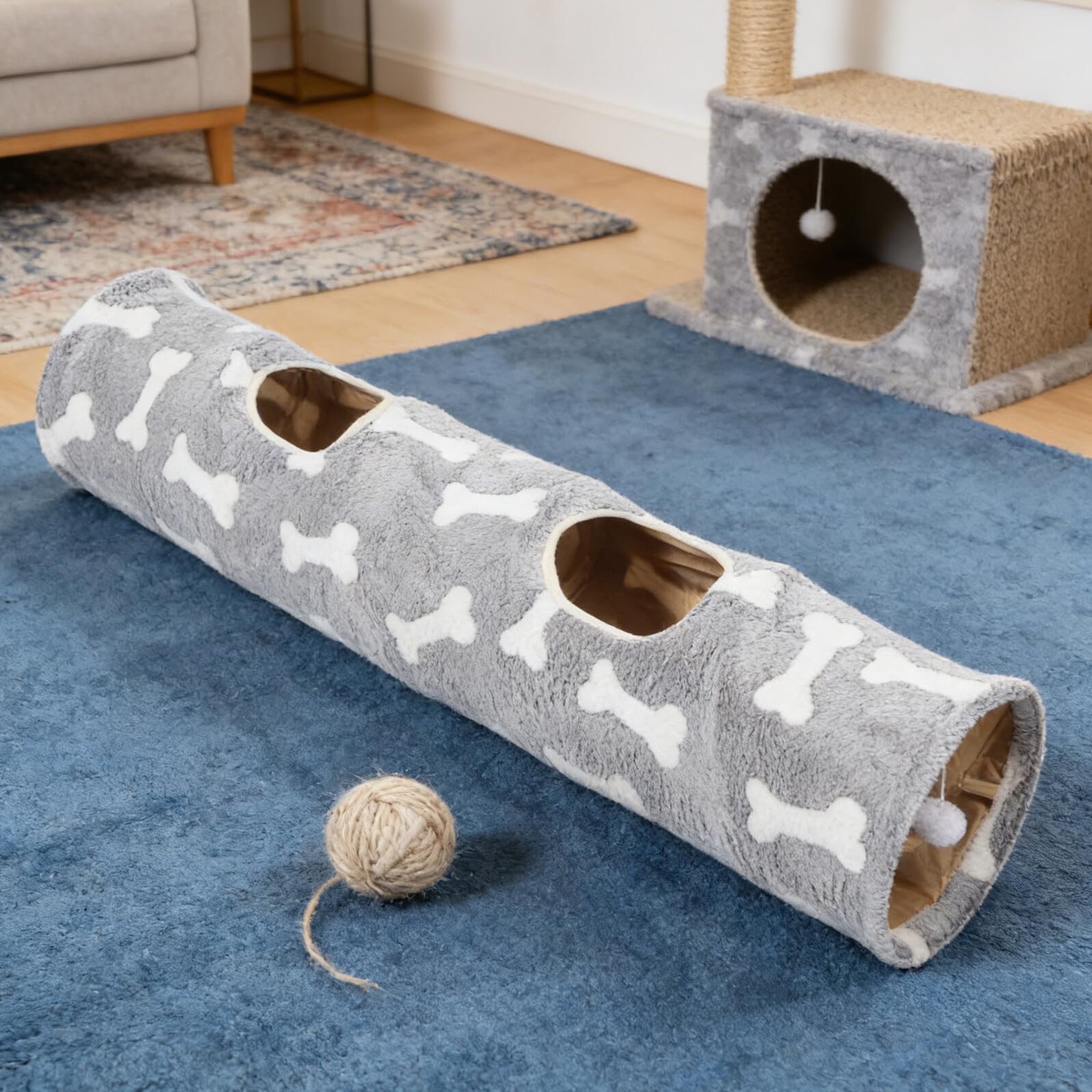 Gatuida Tunnel Pliable pour Chat Intérieur à Motif Os avec 2 Trous et Balle en Peluche Tunnel de Jeu Sonore pour Chatons Favorisant L’activité Physique Sommeil des Chats
