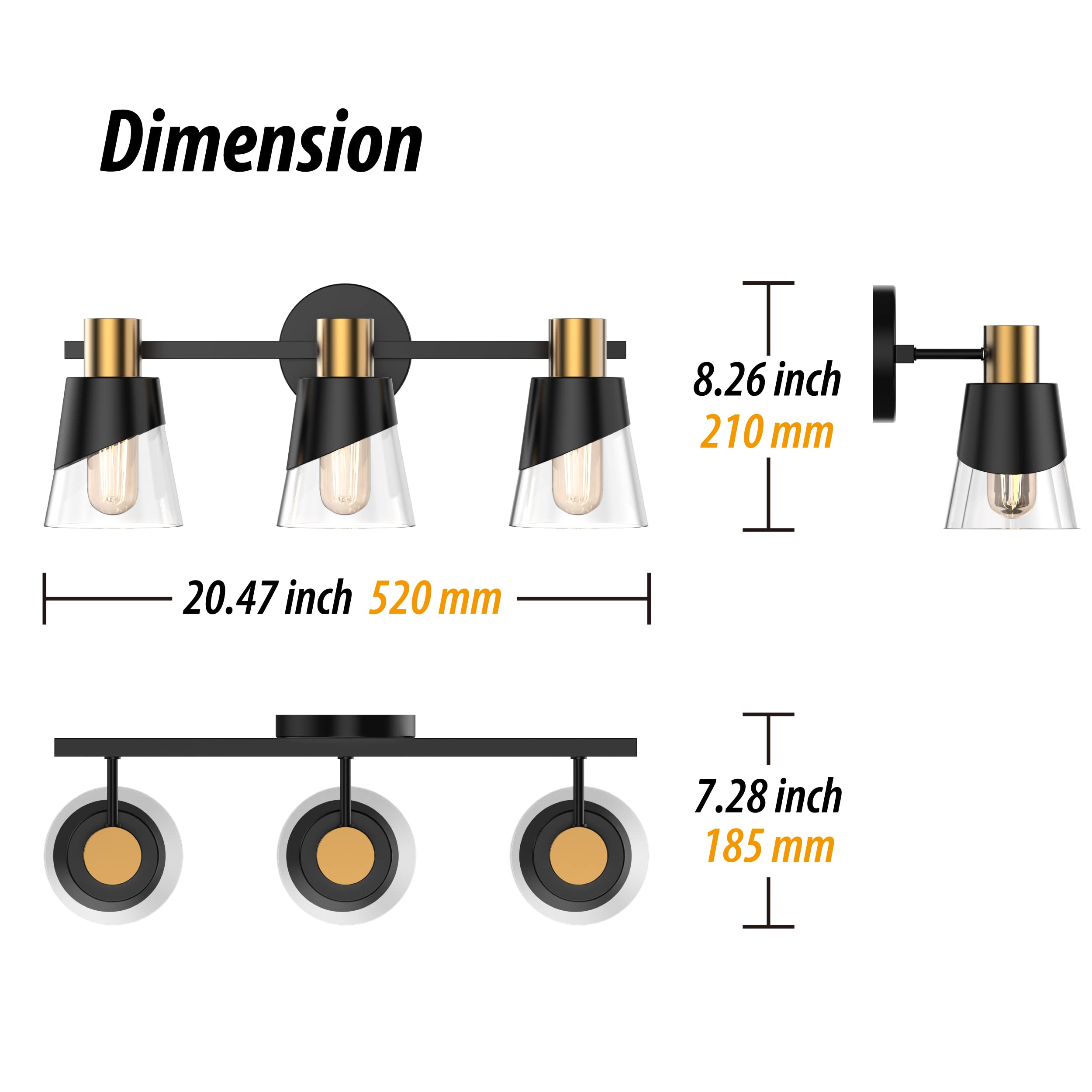 URSOLA Bathroom Vanity Light, 3 Lights Bathroom Light Fixtures Over Mirror, 20.47 inch Bathroom Light Fixtures, Black and Gold Design with Bevelled Edge and Clear Glass Shade Wall Lamp