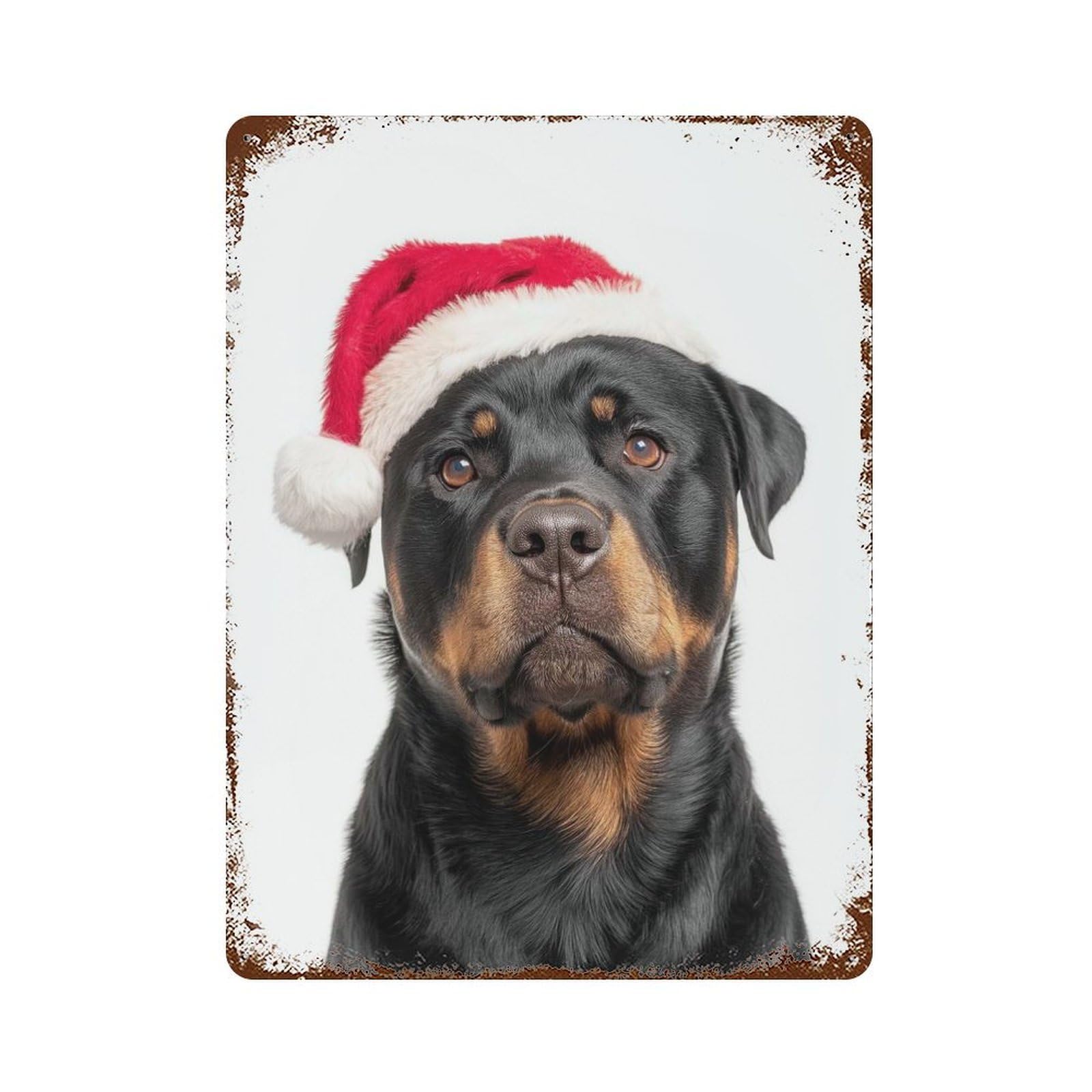 Garage Style Christmas Rottweiler Dog with Santa Hat Rust Effect Tin Sign 15.7"x11.8", Industrial Home Decor for Bar And Workshop