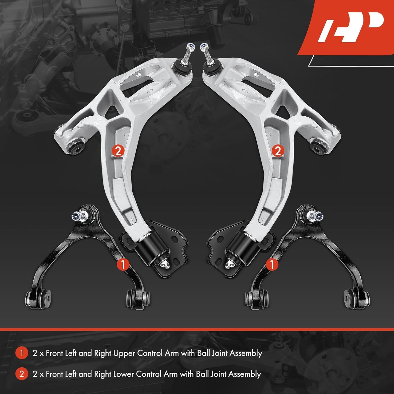 A-Premium Set of 4, Front Upper & Lower Control Arm Kit, with Ball Joint & Bushing, Compatible with Ford Crown Victoria 03-06, Lincoln Town Car 03-06, Mercury Grand Marquis 03-06, Marauder 03-04