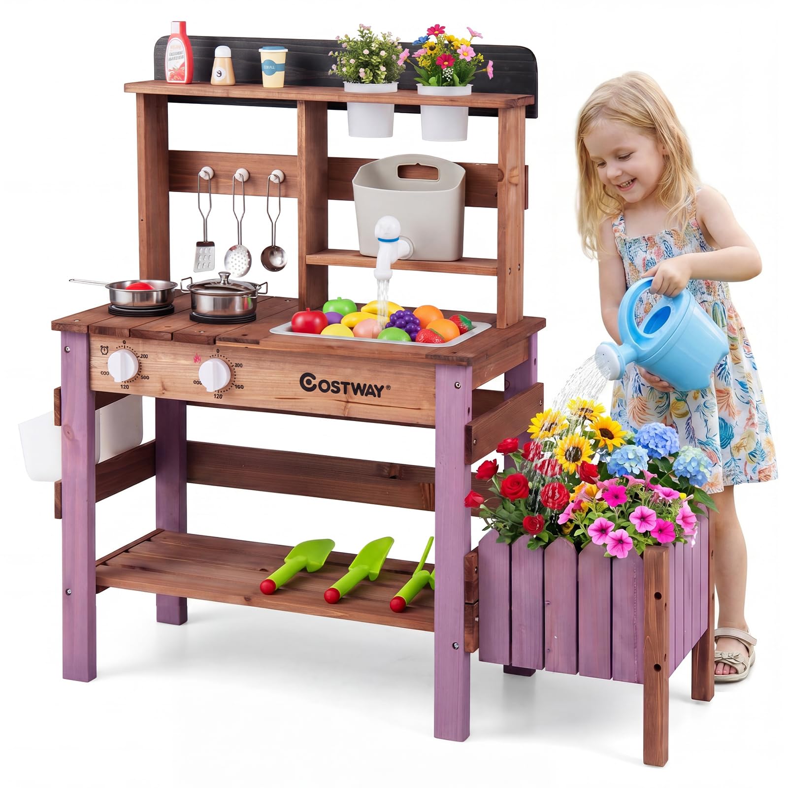 COSTWAY Cuisine Extérieure Enfant en Bois avec Jardinière et 15 Accessoires