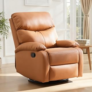 Genuine Leather Rocker Recliner Modern Manual Swivel Glider Recliner with Adjustable Backrest & Footrest Wall Hugger Swivel Rocking Recliner Chair for Modern Living Room and RV Brown