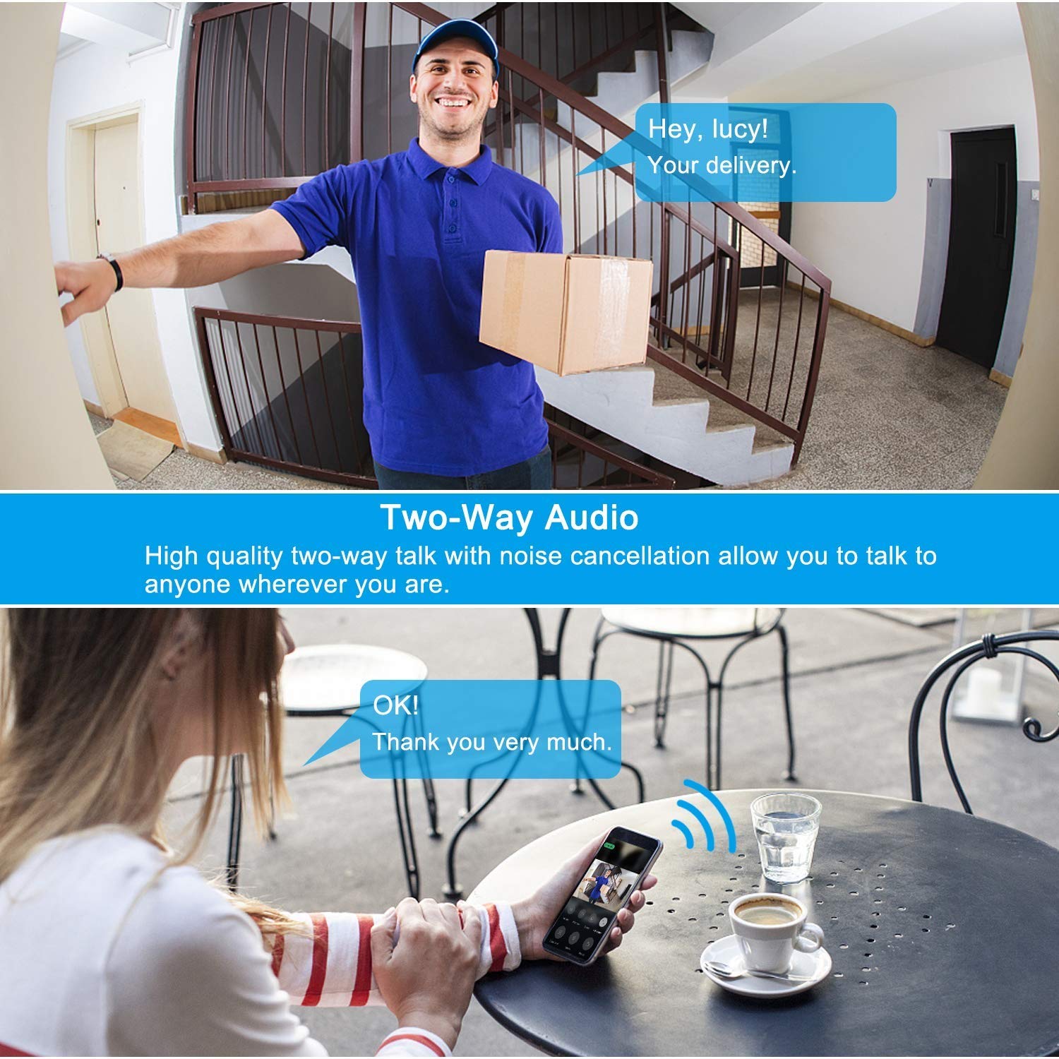 Timbre de Video, (Timbre inalámbrico de la Puerta WiFi, 720P HD, 166 Grados, Gran Angular, función de interfono, Sensor de Movimiento, Resistente al Agua, para iOS y Android)