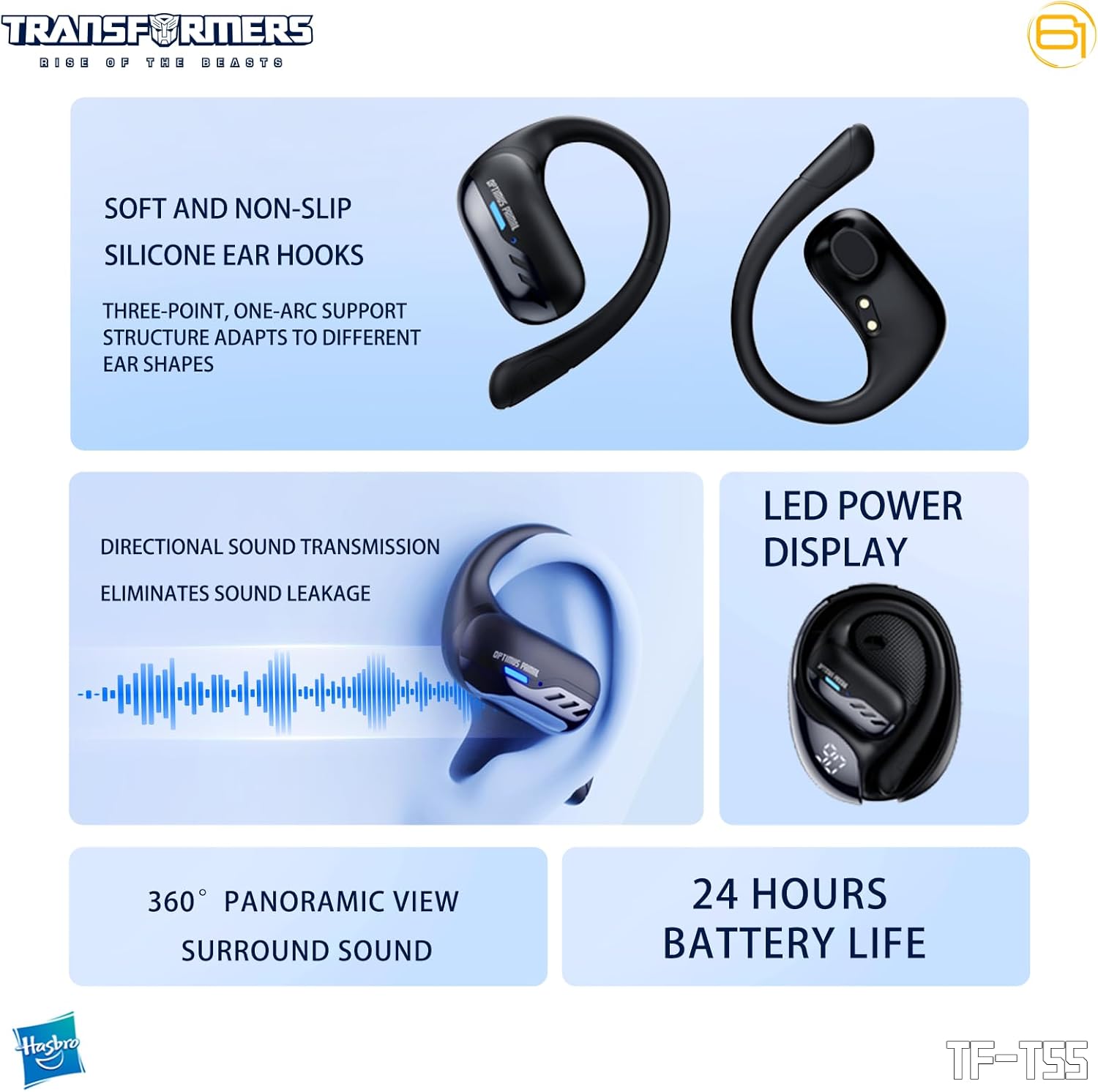 Transformers TF-T55 Open-Back Bluetooth Wireless Earbuds, Sleek Wing-Like Design Passive Noise Cancelling in-Ear Cool HiFi Calling Dual Modes Sports Earphones LED Display (Yellow - Bumblebee)