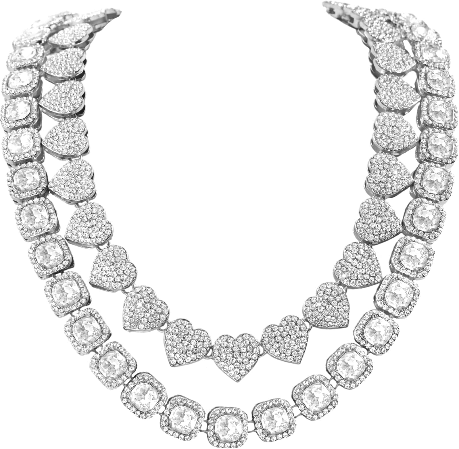 Women's 18+20'' Zinc Necklace, Clustered Diamond Tennis Chain & Heart Necklace Set, Hip Hop Jewelry, Gold, Cuban Link, for Female, Gifts