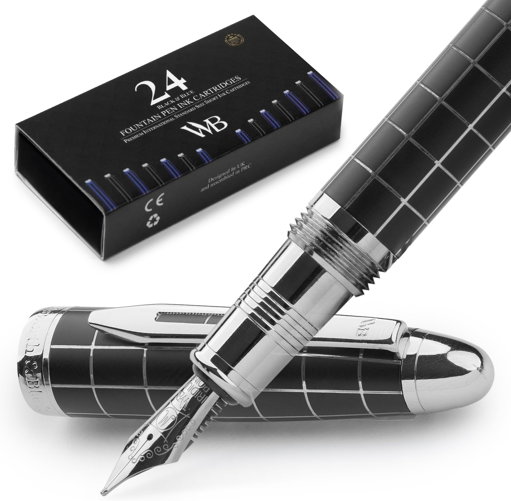 Majesti Fountain Pen-(Checked), Luxury Case, Chrome Finish, Iridium Medium Nib- Ink Cartridges, Refillable Ink Converter-Calligraphy Pen-Best Business Gift Set for Men & Women