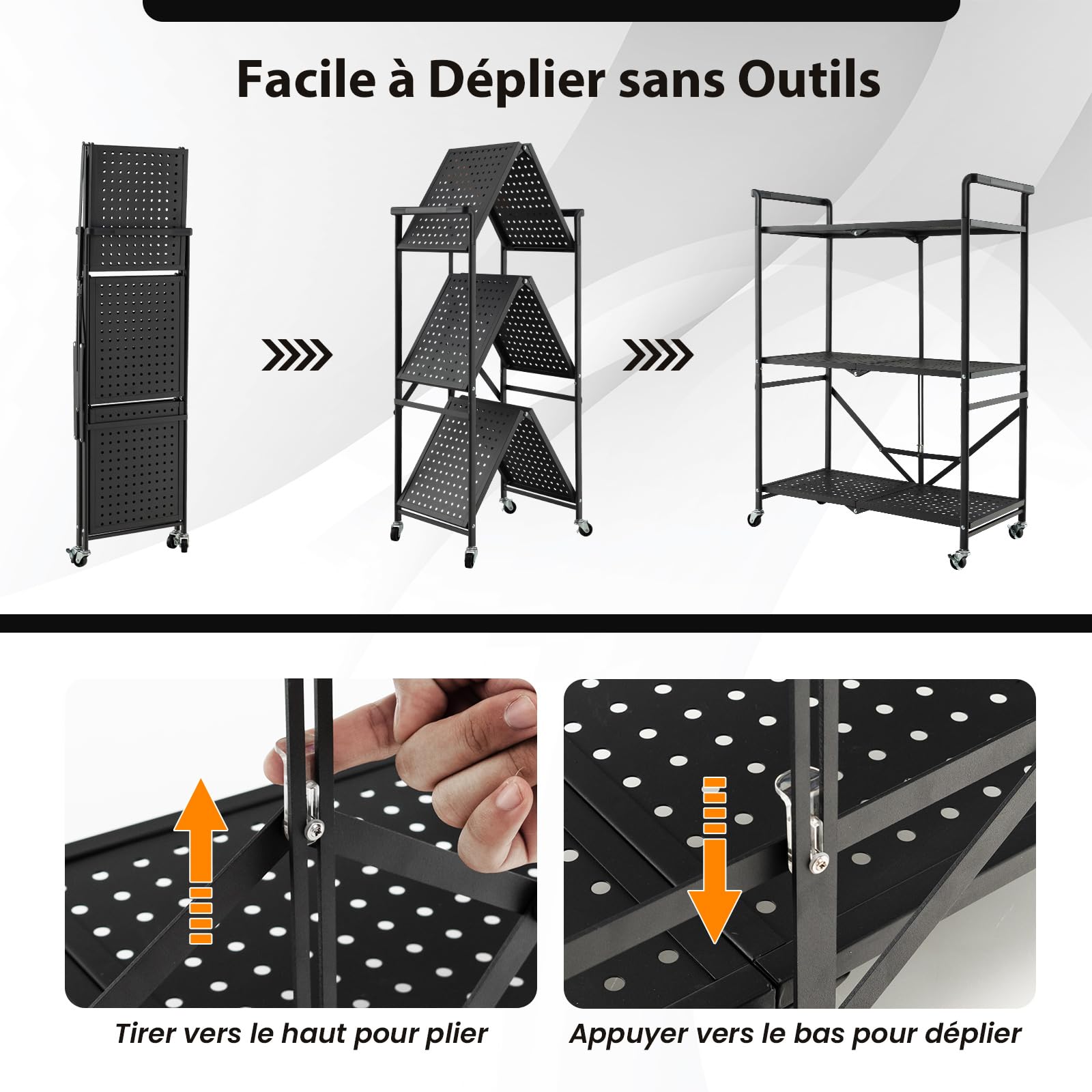 COSTWAY Chariot de Service à roulettes Pliable, Étagère de Rangement en Métal Robuste à 3 Niveaux avec 4 Roues Flexibles (2 Verrouillables), pour Cuisine, Garage, Jardin, Noir