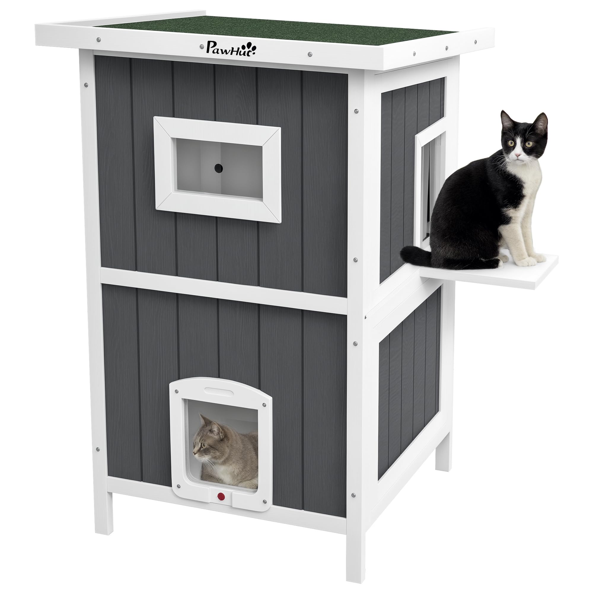 PawHut Cuccia Gatto Esterno in Legno di Abete a 2 Piani, Casetta per Gatti da Esterno con Tetto Apribile e Impermeabile, 60x60x90.5cm