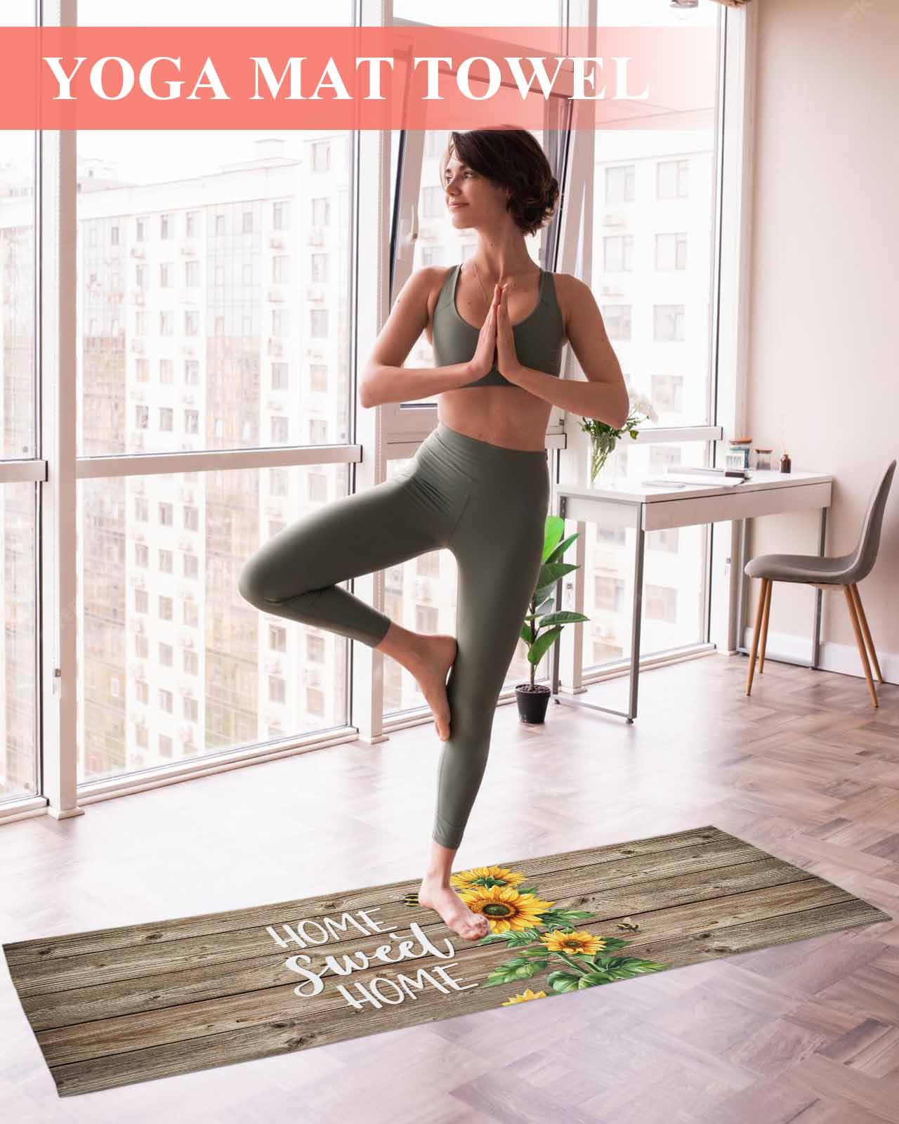 BOSIJOY Yoga Mat Towel,Watercolor Sunflower Bee on Wood Non Slip Sweat Absorbent Hot Yoga Towels with Corner Pockets,Home Quote Brown Wooden Soft Microfiber Towel for Pilates Bikram 70