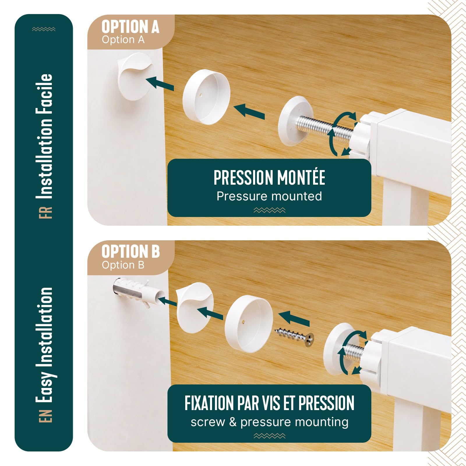 VOUNOT® Cancelletto di Sicurezza per Bambini in Metallo 103-110 cm, Barriera per Scale a Pressione Senza Foratura Altezza 76 cm, Chiusura Automatica con Doppio Blocco, Apertura Bidirezionale, Bianco