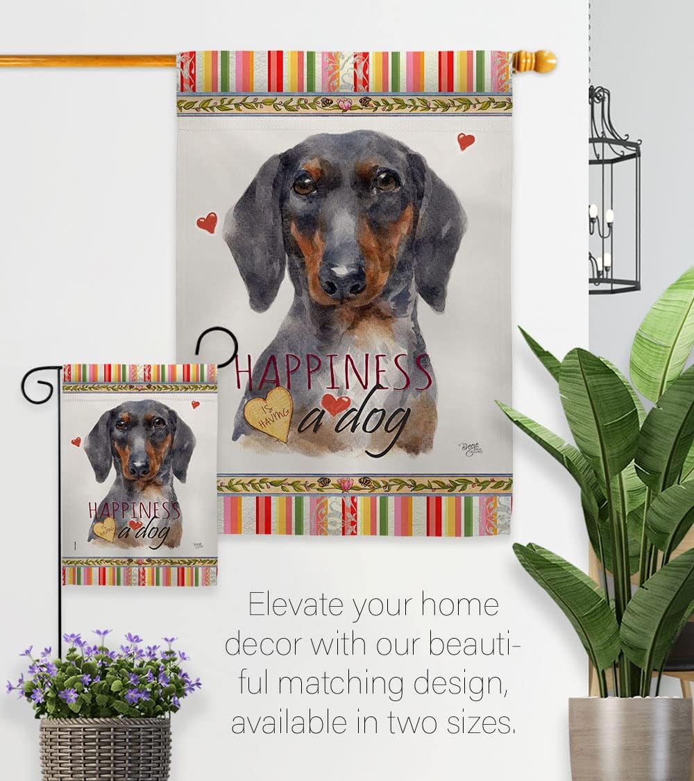 Breeze Decor Black Tan Dachshund Happiness House Flag Dowel Set Dog Puppy Spoiled Paw Canine Fur Pet Nature Farm Animal Creature Banner Small Garden Yard Gift Double-Sided, Made in USA
