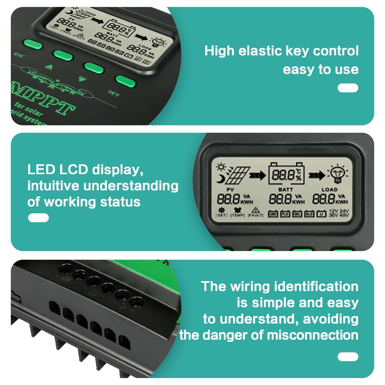 BuyWeek 40A Controlador de Carga Solar MPPT, Regulador de Carga Solar 12/24V Automático, Máxima 100V, Pantalla LCD, Controlador Inteligente para Litio Sellada Gel AGM Plomo ácido