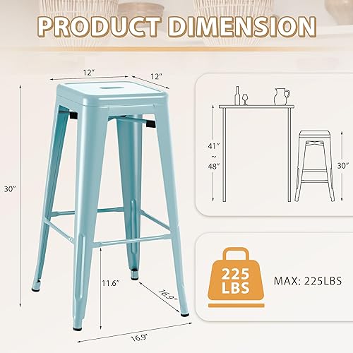 Miniatura 3 de Furmax Juego de 4 taburetes de bar de metal de 30 pulgadas, taburetes sin respaldo de altura de mostrador, sillas de bar industriales, taburete Azul