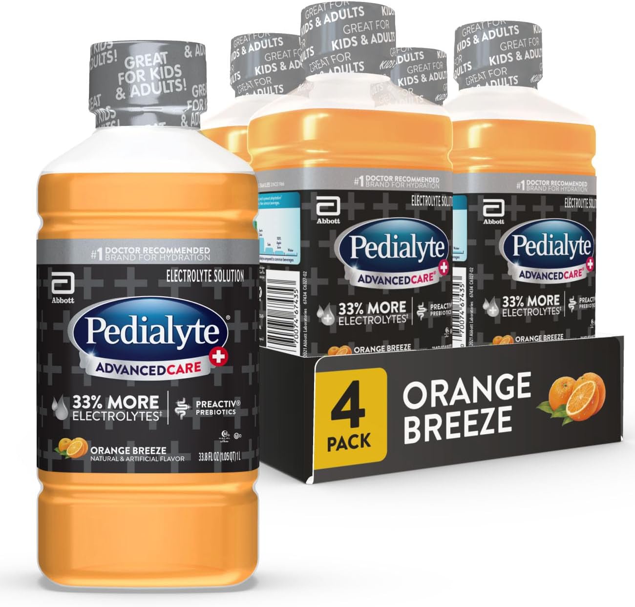AdvancedCare Plus Electrolyte Hydration Drink, Has 33% More Electrolytes and Has PreActiv Prebiotics, Orange Breeze, 1 Liter, Pack of 4
