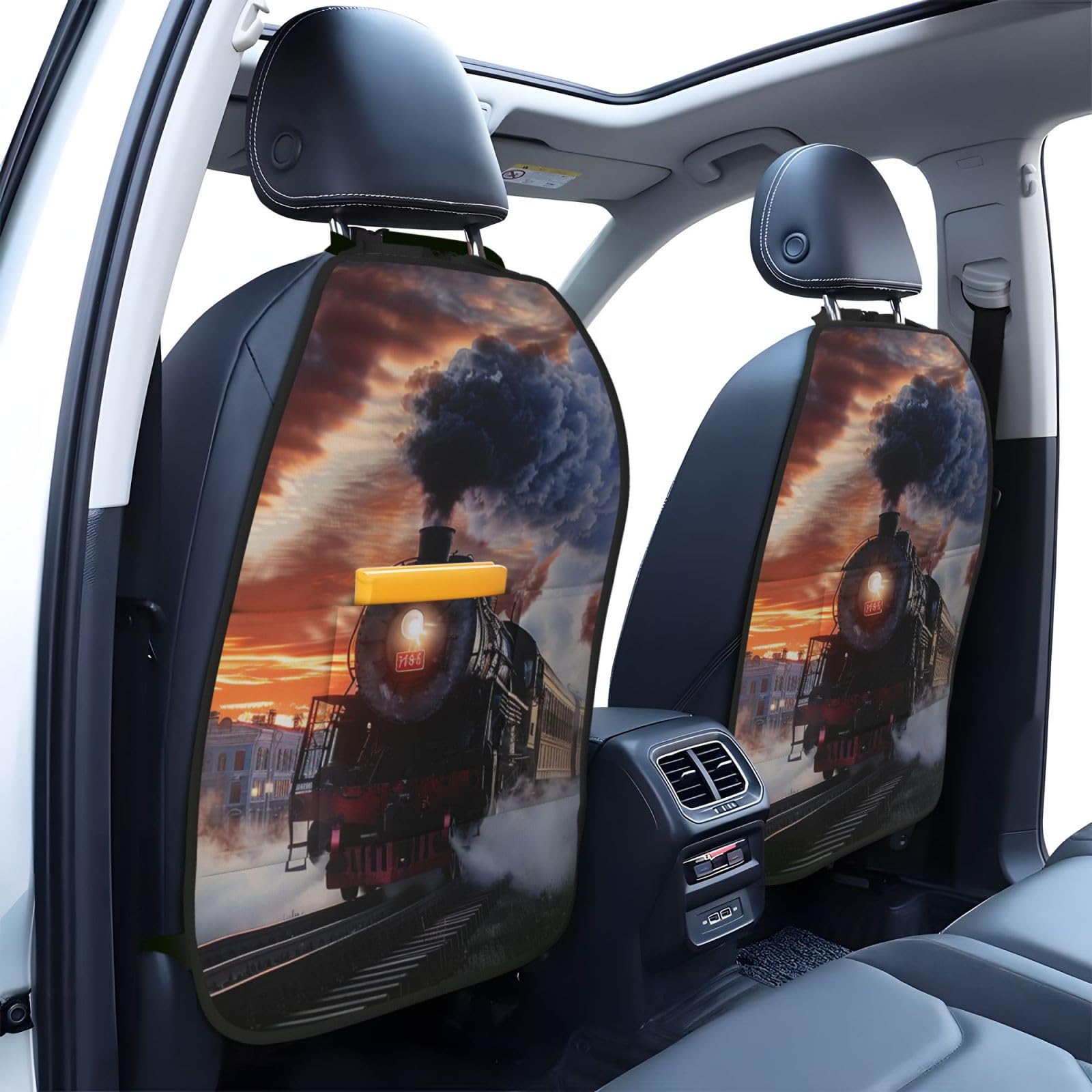 JTNWEC Steam Train Depart Sunset Print Car Seat Kick Mats with Organisers 2 Pack Backseat Protector Seat Covers for Your Car, SUV, or Truck