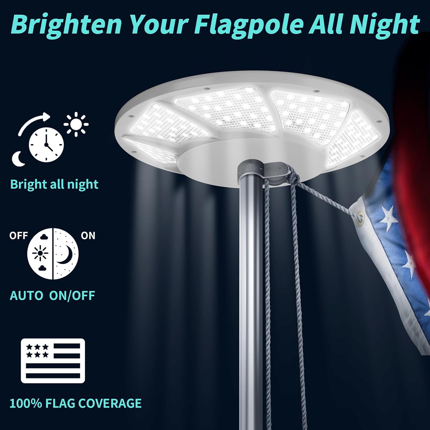 HOOPLE Solar Flag Pole Light, 176 LED Super Bright Flagpole Light for 15-25 Ft In-Ground Poles, Solar Powered Dusk to Dawn Lighting (White)