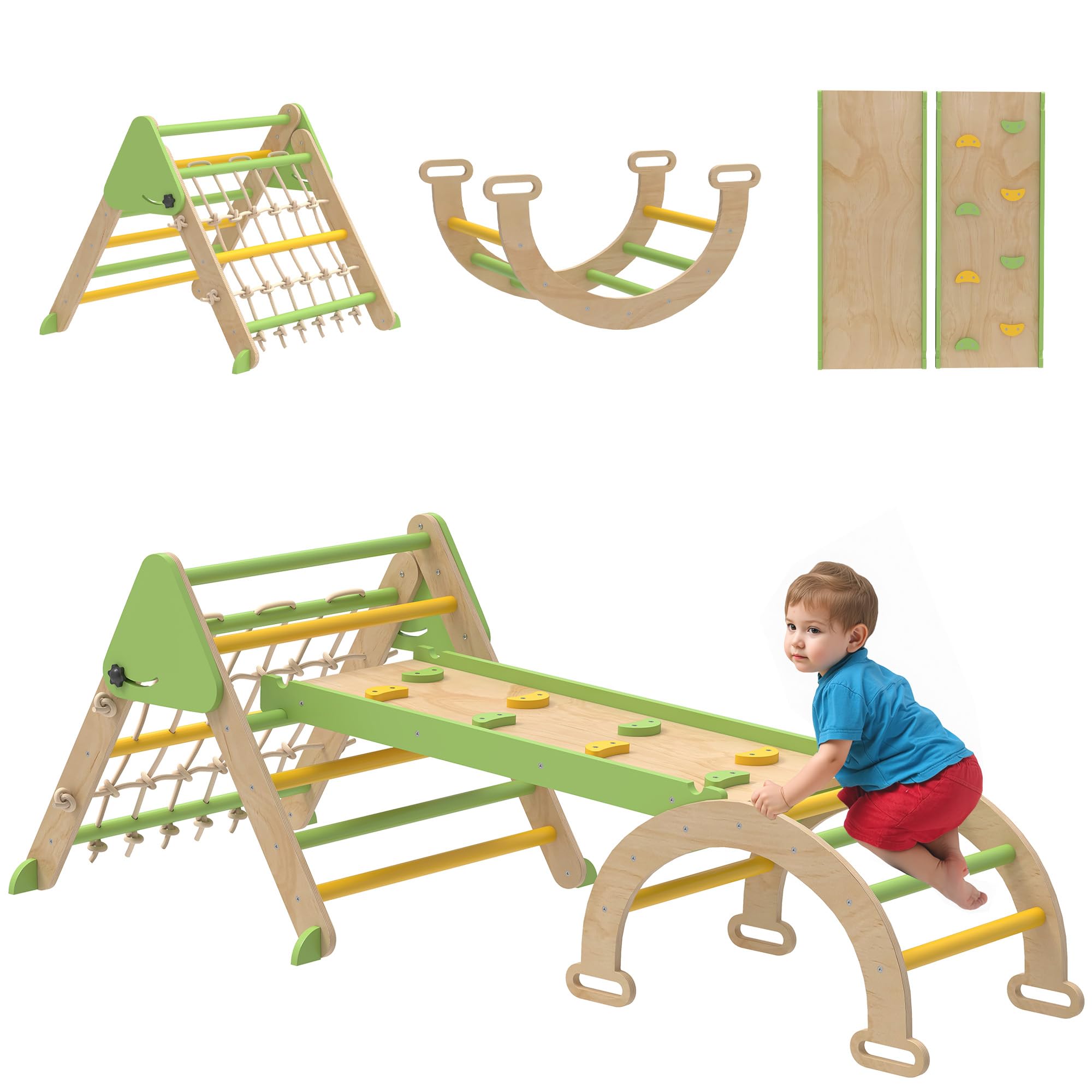 AIYAPLAY Montessori 8 en 1 Arco de escalada de madera para interiores, triángulo de escalada con arco de escalada, tobogán de doble cara, parque infantil para niños pequeños y niños de 1,5 a 4 años