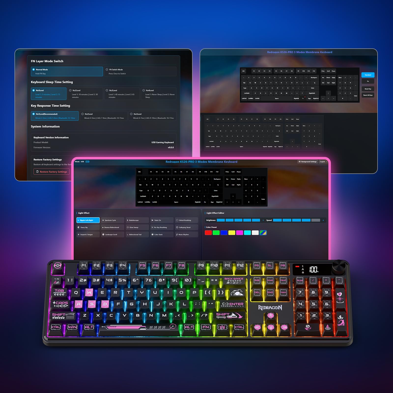 Redragon Teclado inalámbrico K526 PRO RGB para juegos, teclado de 104 teclas de tacto mecánico con pantalla de información LED, control de perilla retroiluminada, interruptor lineal suave y compatible