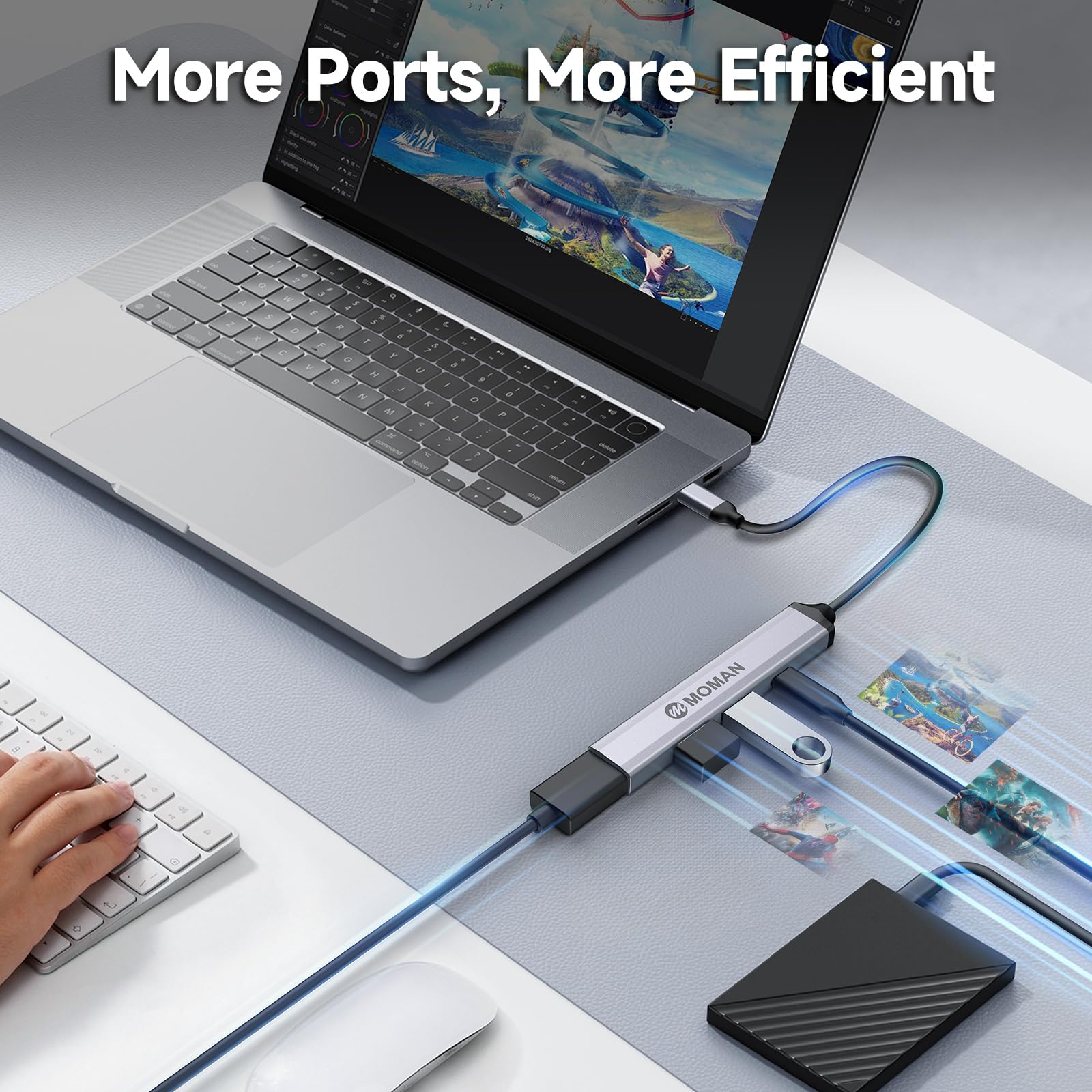 Moman Hub C, 4-Portowy Rozdzielacz z 1 Portem USB 3.0, 2 Portami 2.0, 1 Portem C, Adapter Wieloportowy 5 Gbps do Myszy, Klawiatury, Dysku U, Dysku Flash, Mobilnego