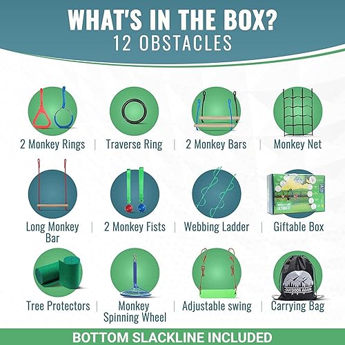 Miniatura 6 de Carrera de obstáculos Ninja Warrior para niños 2 x 65 pies con 13 obstáculos, resistente a la intemperie, dificultad ajustable, configuración segura