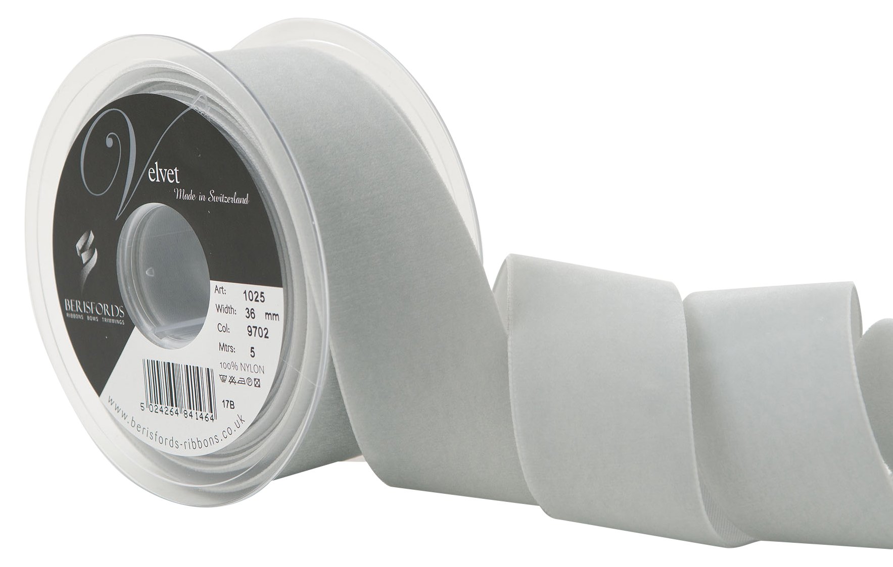 Berisfords Velvet Ribbon Silver 45mm x 10m - Nylon Craft Ribbon for Sewing, Gift Wrapping and Hair Accessories