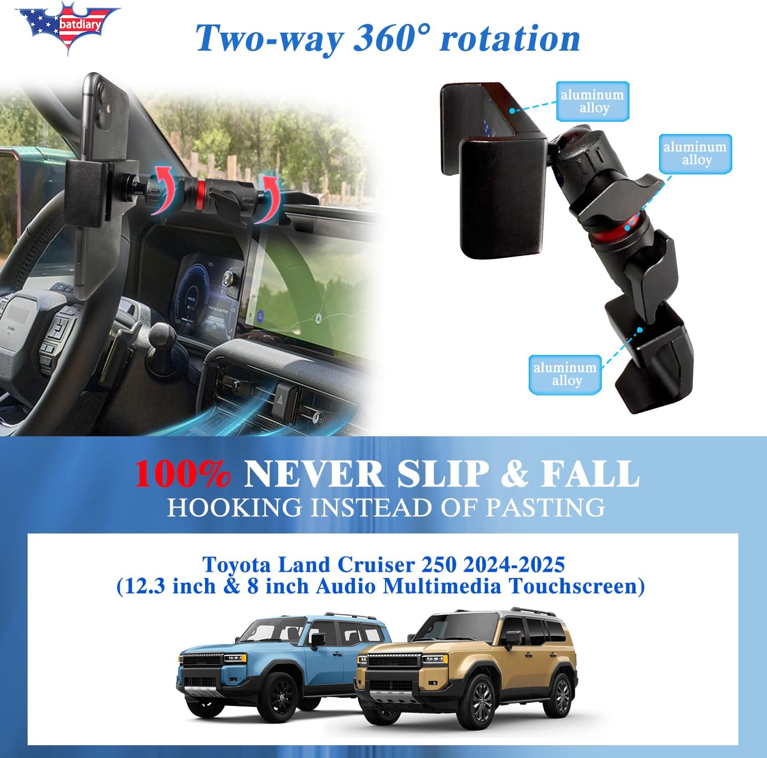 Land Cruiser 250 Phone Mount for Toyota Land Cruiser 250 2024-2025 Accessories|Aluminum Telescopic Phone Holder|Thick Case Friendly Car Mount for iPhone 16/15 Pro Max, Galaxy S24