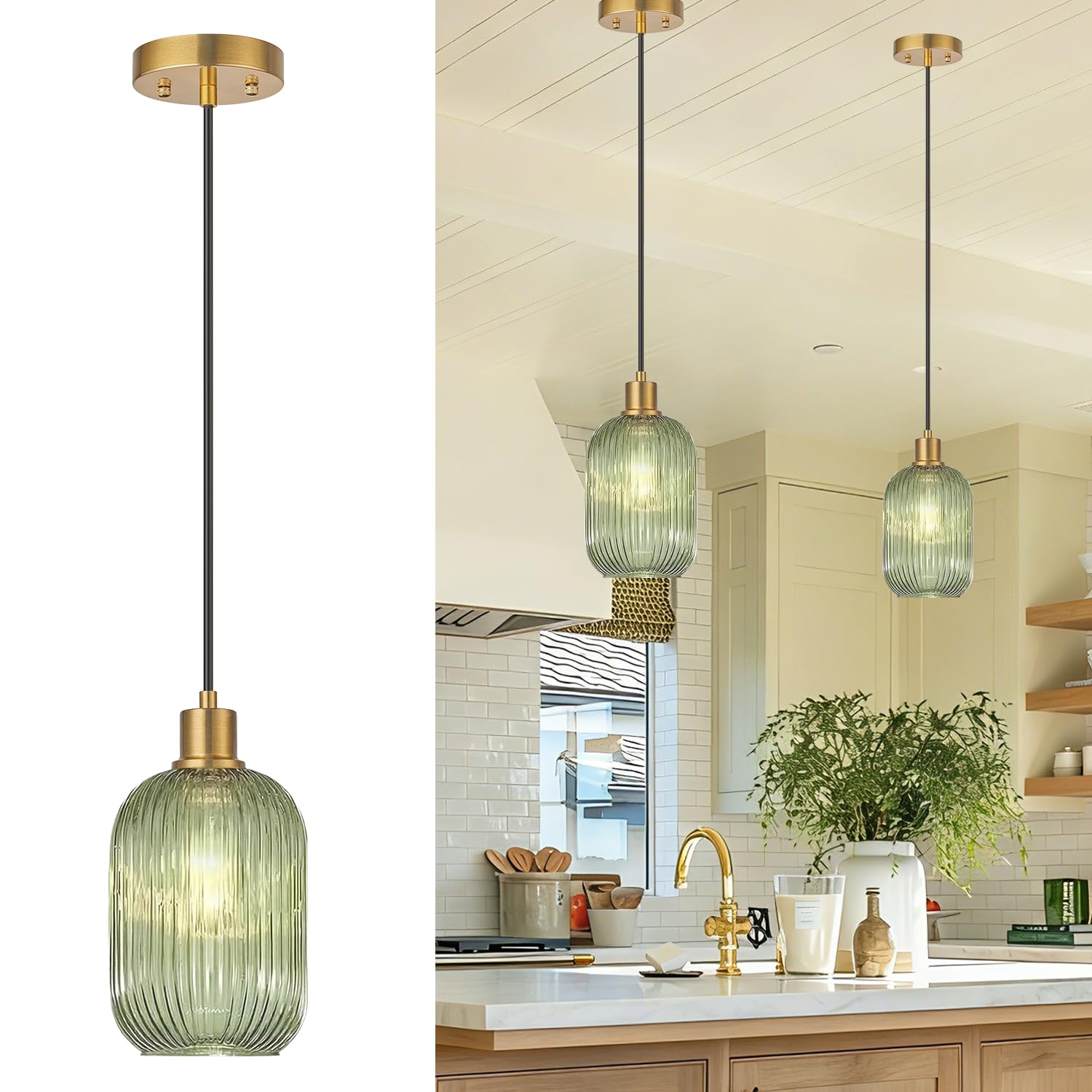 Photo 1 of Lynnoland 2 Pack Pendant Lights - Vintage Green Glass, Brushed Gold