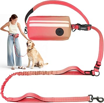 Kazazoo Waist Running Bungee Hands Free Dog Leash with Zipper Pouch for Walking Jogging Hiking, Adjustable Large Dog Leash for 35-140 lbs Dogs,Orange