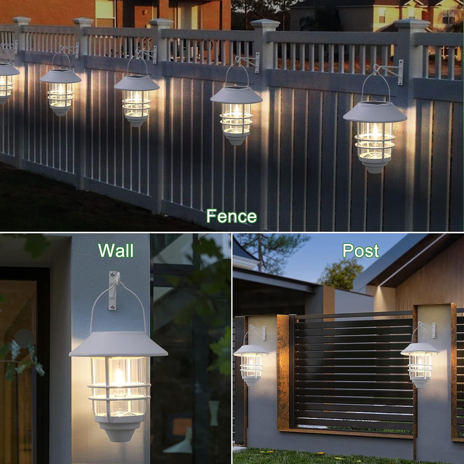Solar Lantern, Outdoor Wireless Waterproof Solar Hanging Lights with Wall Mount Kit for Garden Porch Fence 2 Pack, White