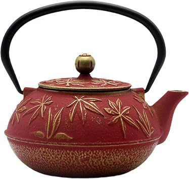 Cast Iron Teapot Tea Kettle with Stainless Steel Infuser for Stovetop Safe Coated with Enameled Interior Japanese Red Tetsubin with Maple Leaves Pattern30.4oz/900ml