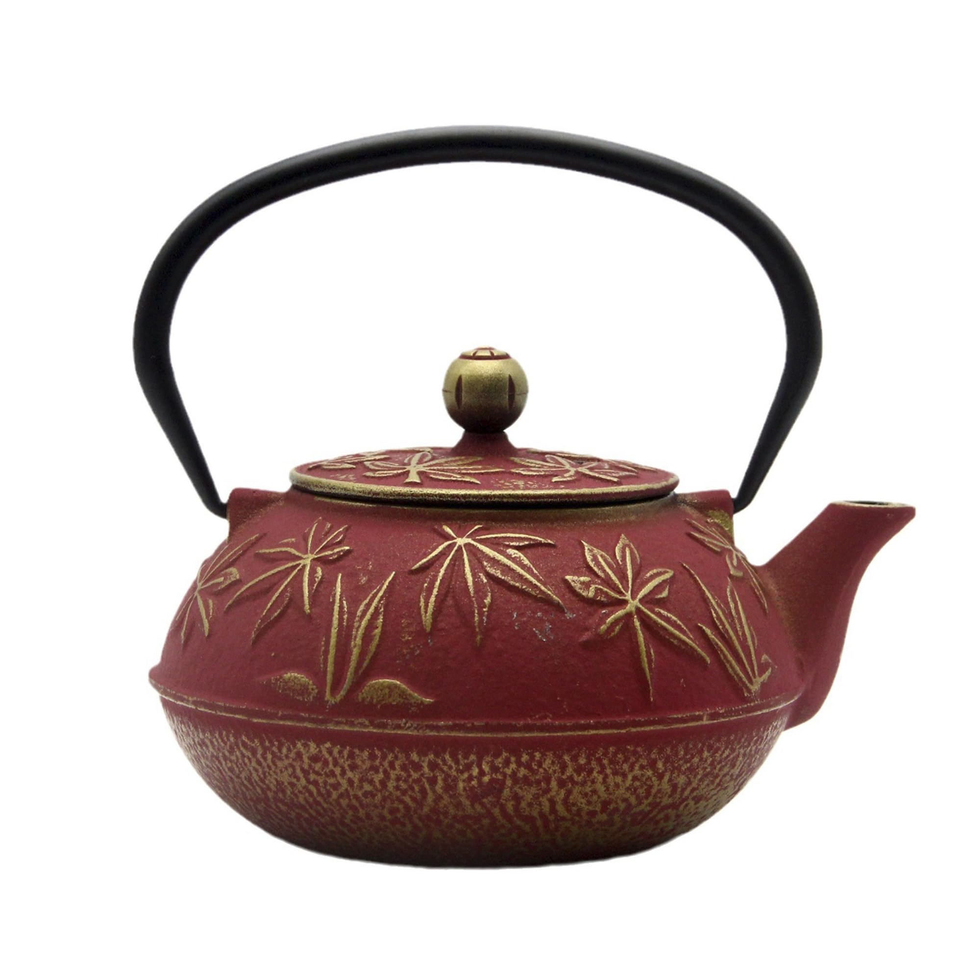 Teekessel aus Gusseisen mit Edelstahl-Teesieb für Herd, beschichtet, innen emailliert, japanisches rotes Tetsubinmuster mit Ahornblatt-Muster (900 ml)