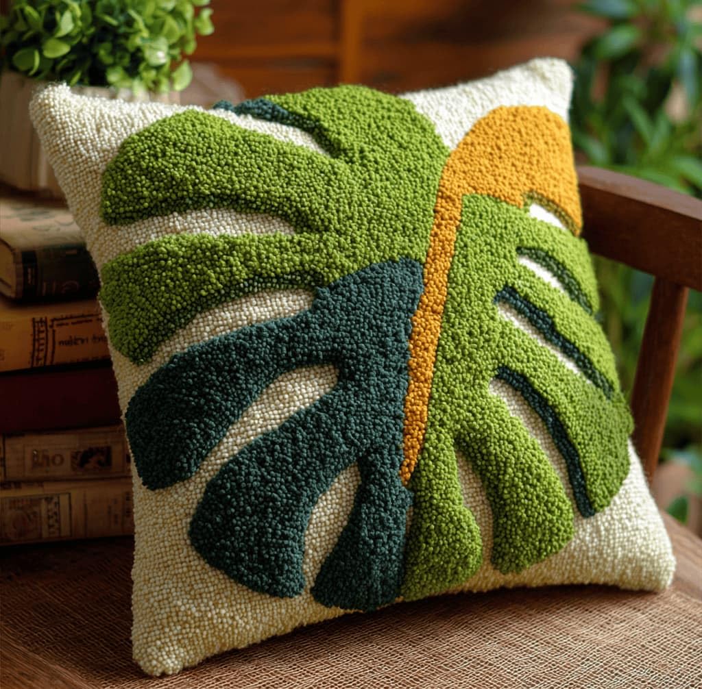 Kitquiver Latch Hook Rug Kits for Adults Leaf DIY Latch Hook Cushion Cross-Stitch Embroidery Cushion Cover for Home Sofa Decoration 17X17 in.