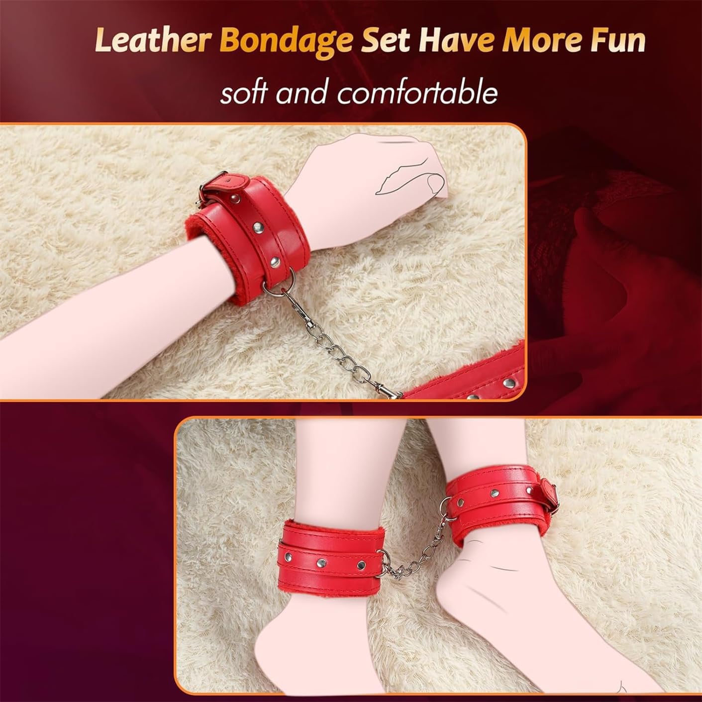 BDSM Sex Bed Bondage Restraints Kit Toys Rope Cuffs s&m Gear Couples Sexy Gifts Set Fuzzy Handcuffs Plush Leather Yoga Aid Set 10 Pieces Red, Comfortable Exercise Accessories-H