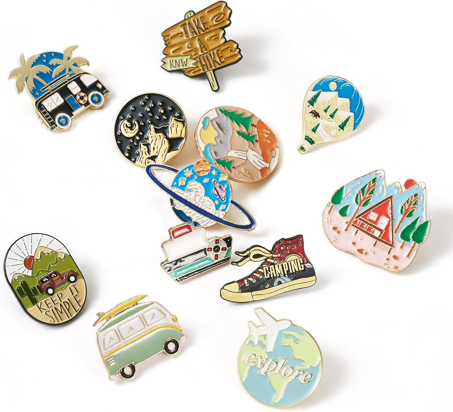 Pandahall 15Pcs Outdoor Enamel Pins Camping Lapel Brooch Pins 15 Styles Explore Boat Bus Brooch Mountain Moon Enamel Badge Cute Cartoon Brooch Pin Badges for Backpack Clothes Shoe Hat Decoration