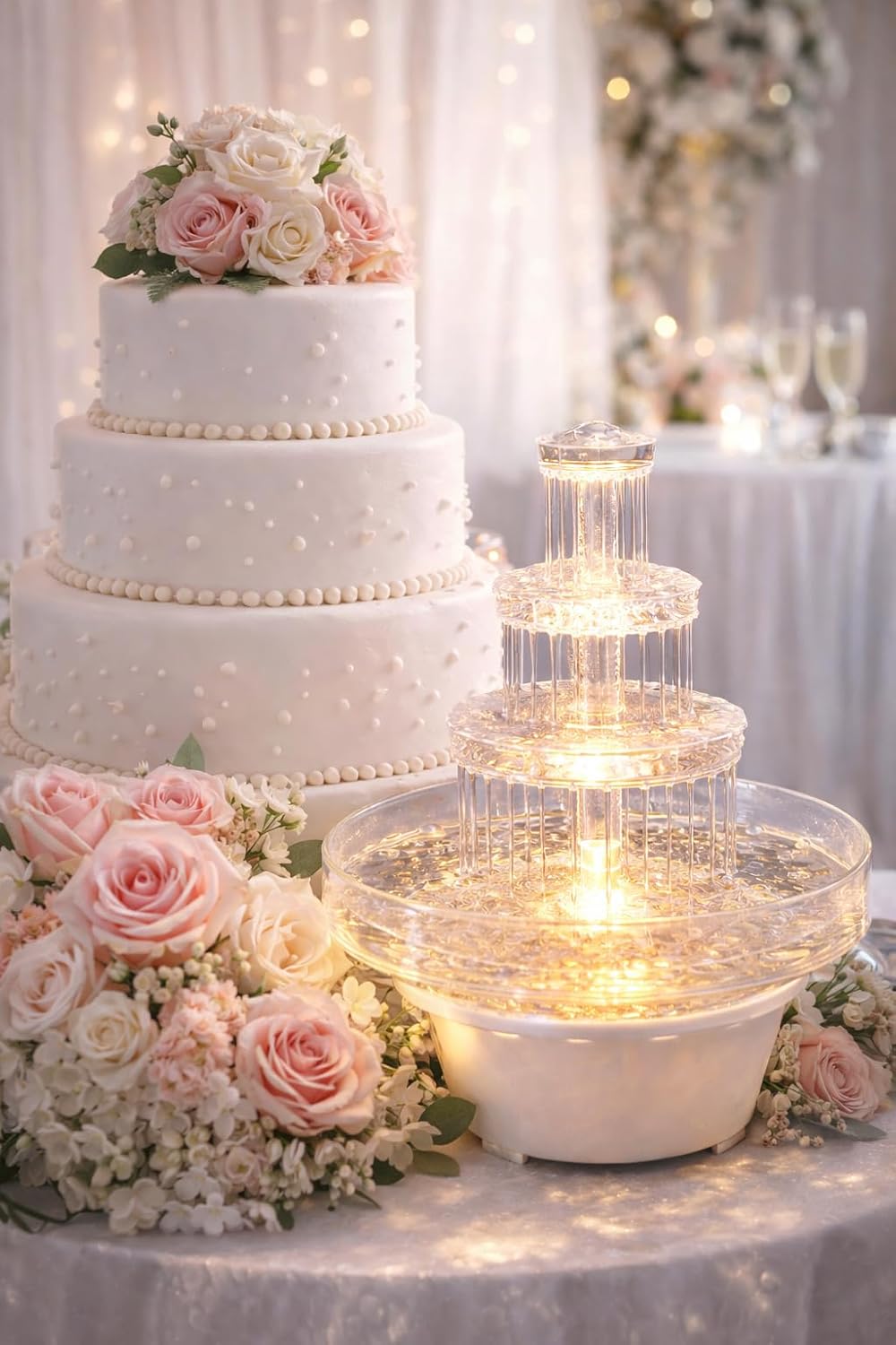 Oasis Supply, 12.5" Lighted Wedding Cake Water Fountain – Clear 3-Tier Decorative Cake Centerpiece Fountain, 10" Wide, Plug-in (No Batteries), for Water Only