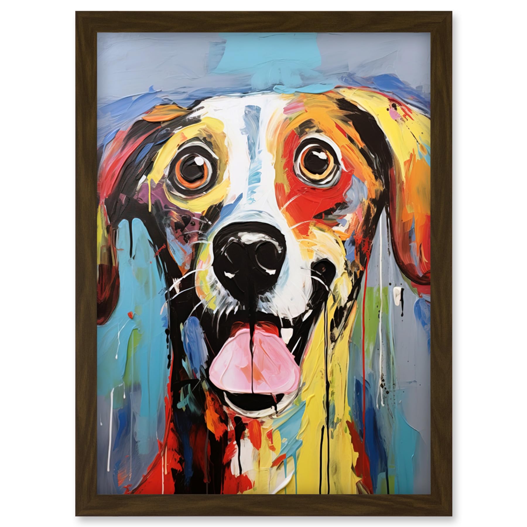 Colourful Dog Portrait Wall Art Print - Jason Brydson Happy Face Oil Painting - Bold Bright Vibrant Artwork Framed A4