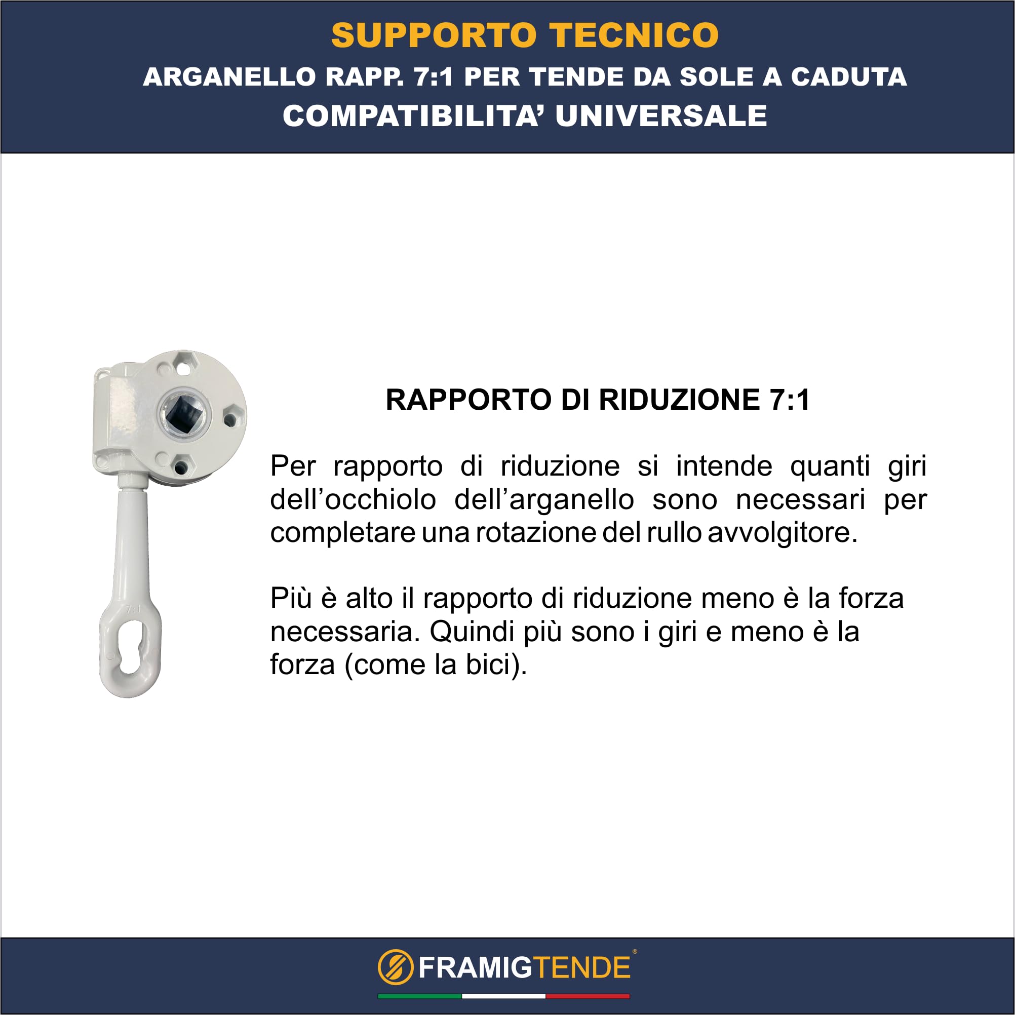 Arganello Per Tende Da Sole FRAMIG - Rapporto 7:1, Per Tende A Caduta, Colore Bianco