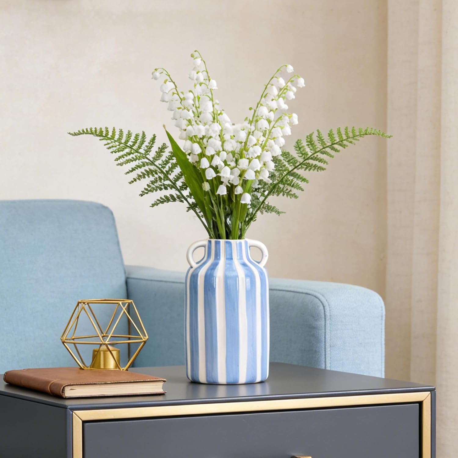 Blue and White Ceramic Vase with Handles, Mid Century Modern Striped Vase for Flower & Pampas Grass Centerpiece, Minimalist Checkered Design for Dining Table, Kitchen Tabletop, Side Table Décor