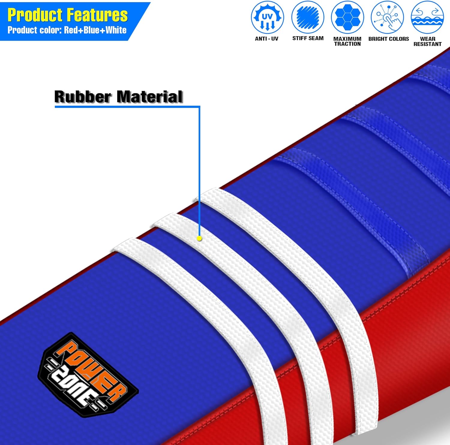 Universal Ribbed Motorcycle Dirt Bike Seat Cover - White Gripper Striped Supermoto Dirtbike Seat Cover (Red Blue)