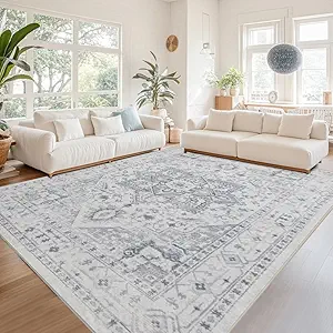 Area Rug 6x9 Washable Area Rugs for Living Room- Ultra Soft Non-Shedding Faux Wool Bedroom Rug Large Grey Vintage Print Rugs with Non Slip Rubber- Indoor Retro Foldable Carpet for Dining Room