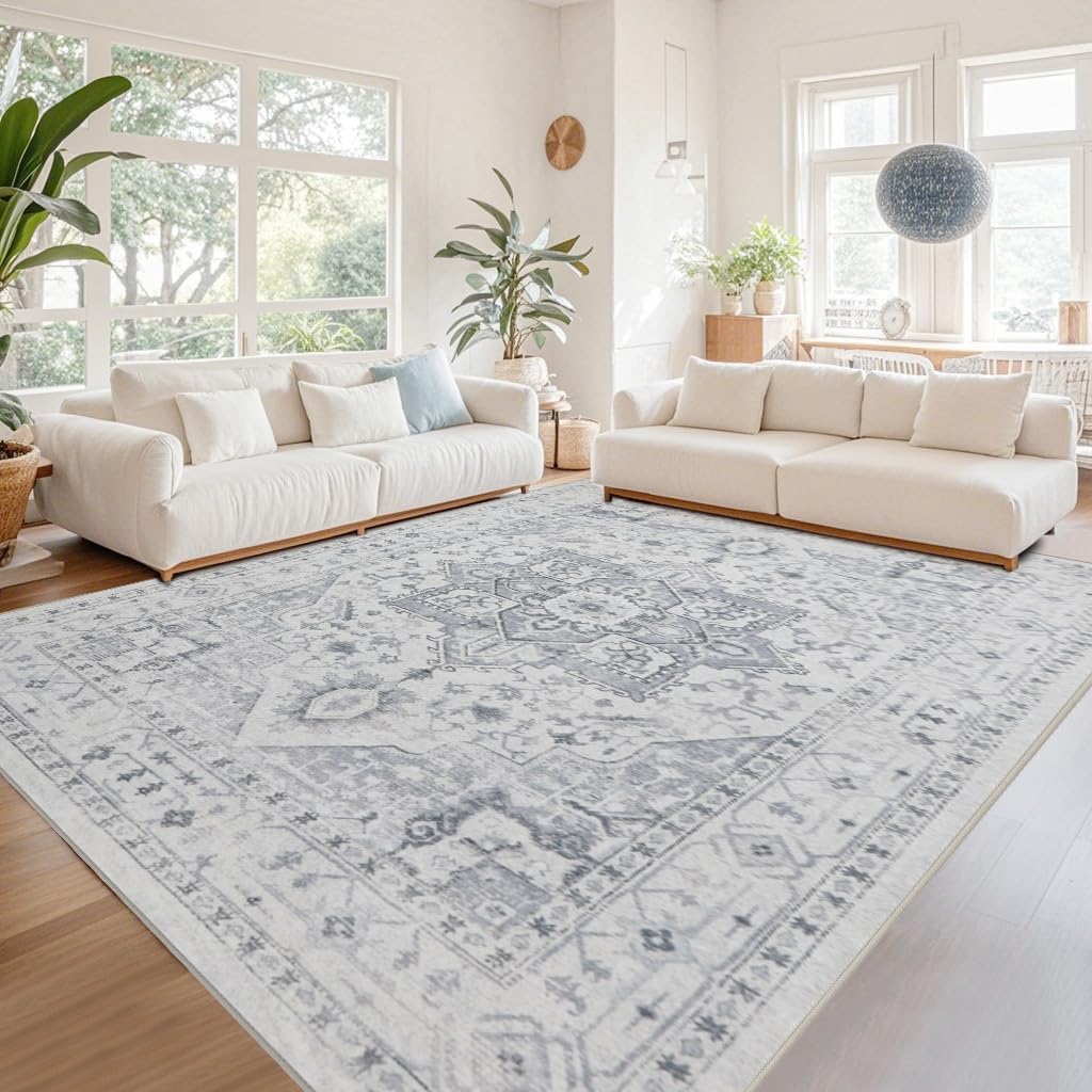 Srugn Area Rug 6x9 Washable Area Rugs for Living Room- Ultra Soft Non-Shedding Faux Wool Bedroom Rug Large Grey Vintage Print Rugs with Non Slip