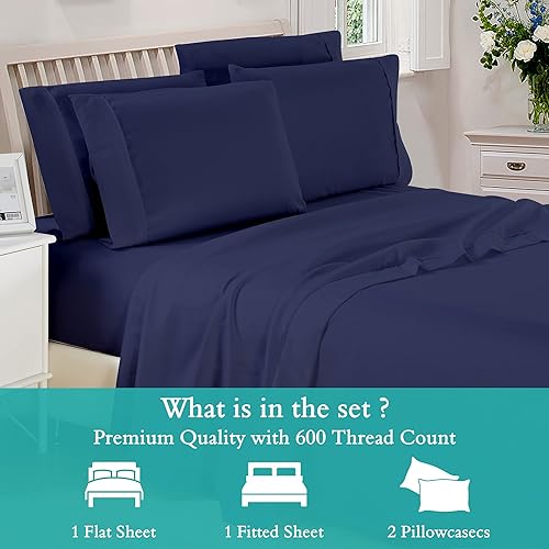 Miniatura 28 de Juego de sábanas de 4 piezas de algodón egipcio de 600 hilos, sábanas de algodón tamaño Queen para cama tamaño Queen, satén de fibra larga