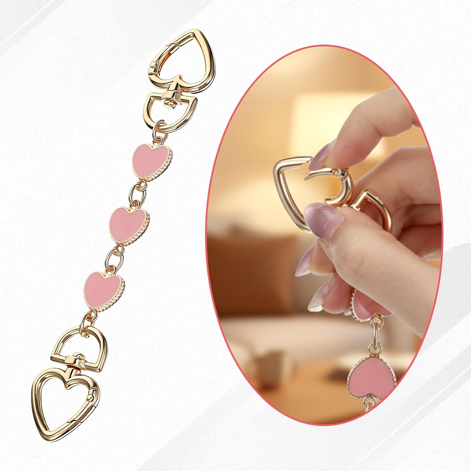 Purse Strap Extender Purse Extender-Chain, 2 PCS Heart Shape Bag Strap Extender Pink Strap-Extender Handbag and Shoulder-Bag Chain-Extender