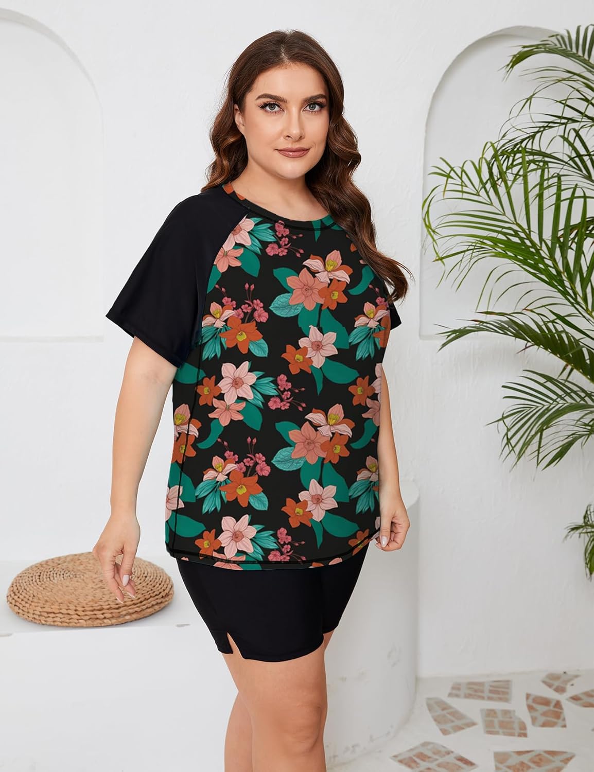ZOMVA Plus Size Women's 2 Piece Rash Guard Swimsuit Modest Short Sleeves Swim Shirt with Boyshorts UPF 50+