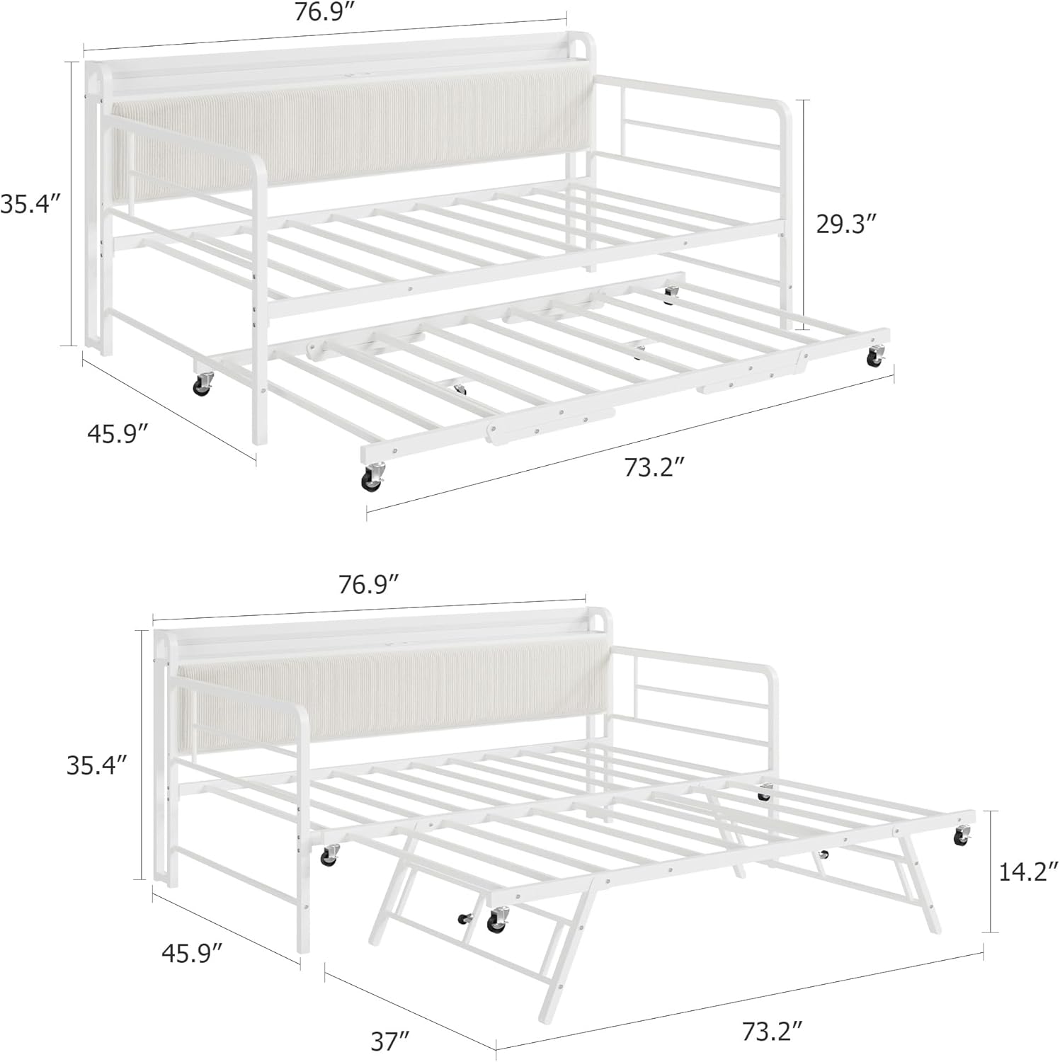 Twin with Up Trundle, Twin Bed Frame with LED Lights Charging Station, Metal Bed Frame with Corduroy Upholstered Storage Headboard, for Living Room, Bedroom, White