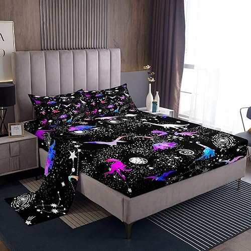 Miniatura 2 de Erosebridal Juego de sábanas de silueta de dinosaurio para niños y niños, sábanas de dinosaurio rosa teñido anudado para niñas, sábana bajera