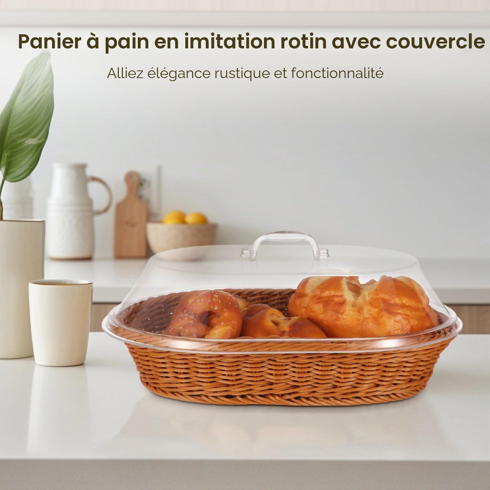 Lot de 2 corbeilles à pain imitation rotin, grande capacité en osier avec couvercle en acrylique, panier à pain tissé avec couvercle transparent